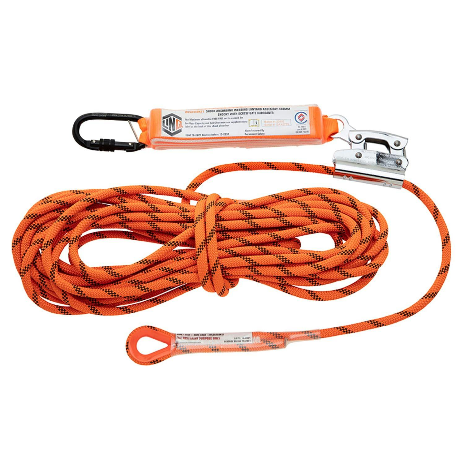 LINQ Rope Kernmantle 15M C/W Rope Grab & Perm Attach Shocky With Screwgate  Kara