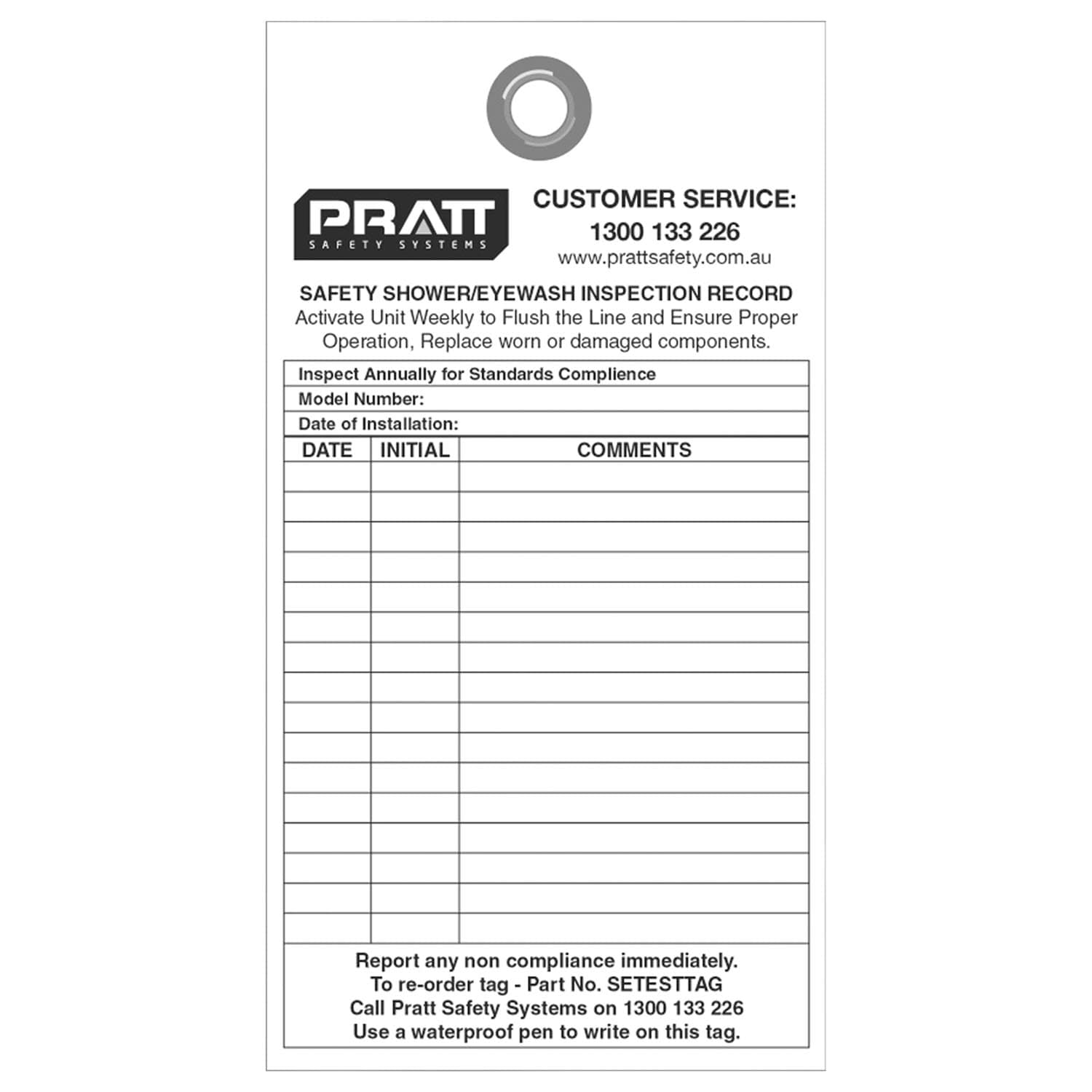 Pratt Shower And Eye Wash Test Tag - Pack Of 10_0