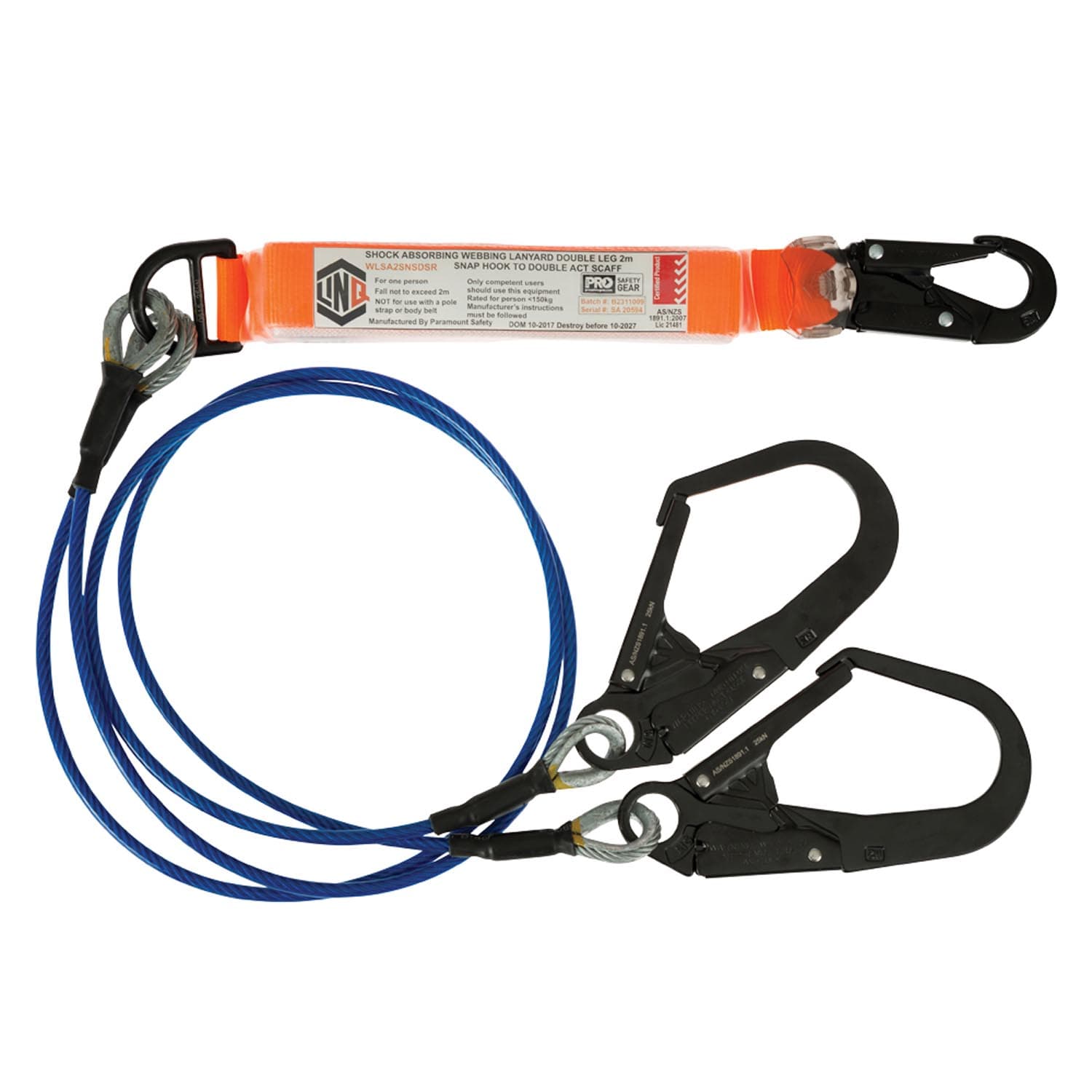 LINQ Elite Double Leg Shock Absorbing 2M Wire Rope Lanyard With Hardware Sn & Sd X2