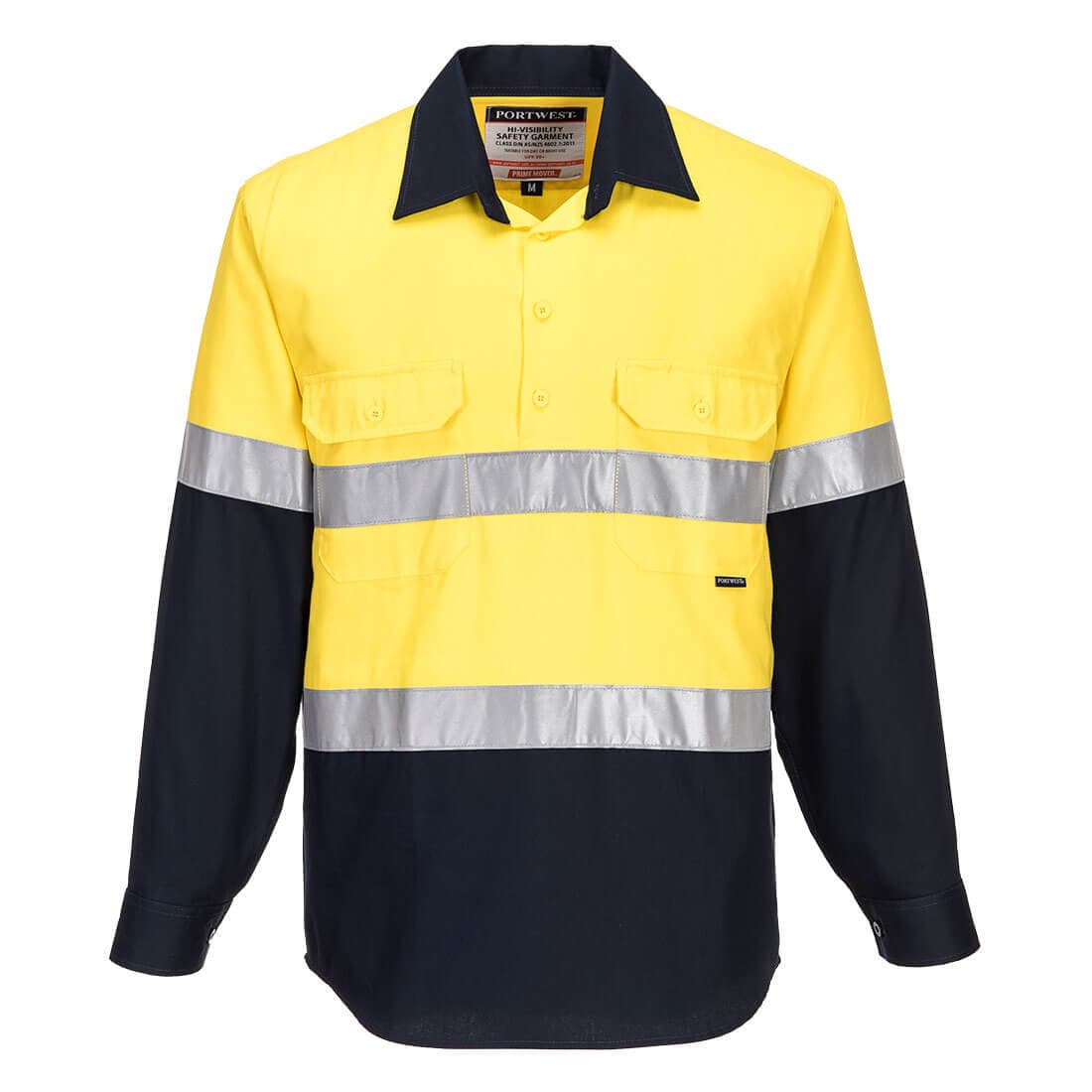 Portwest Hobart Hi-Vis Contrast 1/2 Button Shirt L/S (Yellow/Navy)