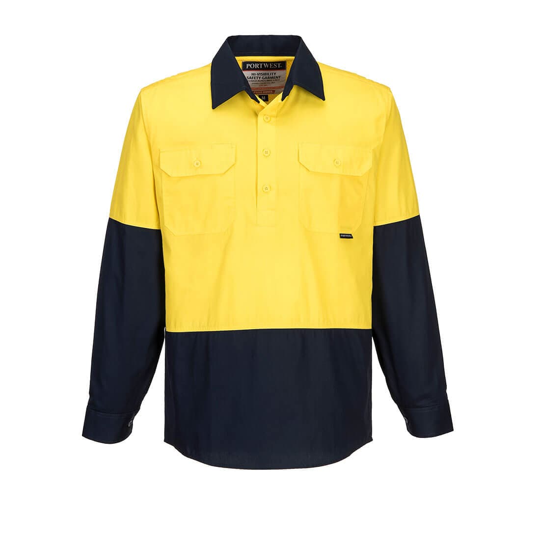 Portwest Canberra Hi-Vis Lightweight Contrast 1/2 Button Class D Shirt L/S  (Yellow/Navy)