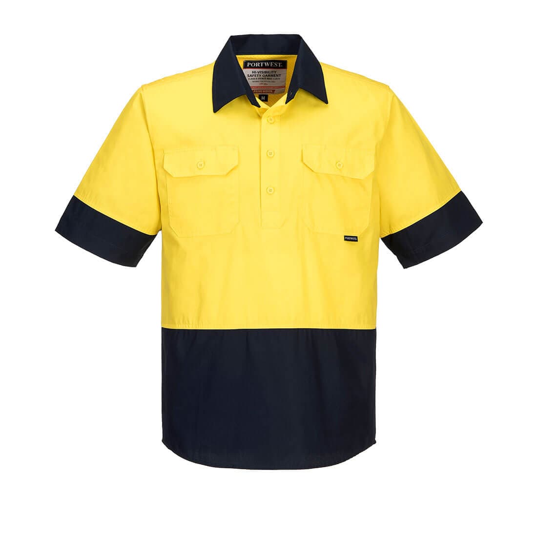 Portwest Canberra Hi-Vis Lightweight Contrast 1/2 Button Class D Shirt S/S  (Yellow/Navy)