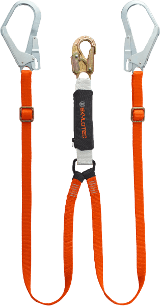 Skylotec BFD Adjustable Twin Leg Sharp Edge Rated 25mm Webbing Lanyard wth 23mm 16kN Gate Steel Double Acton Snap Hook & 2x 59mm 23kN Steel Scaffld Hooks