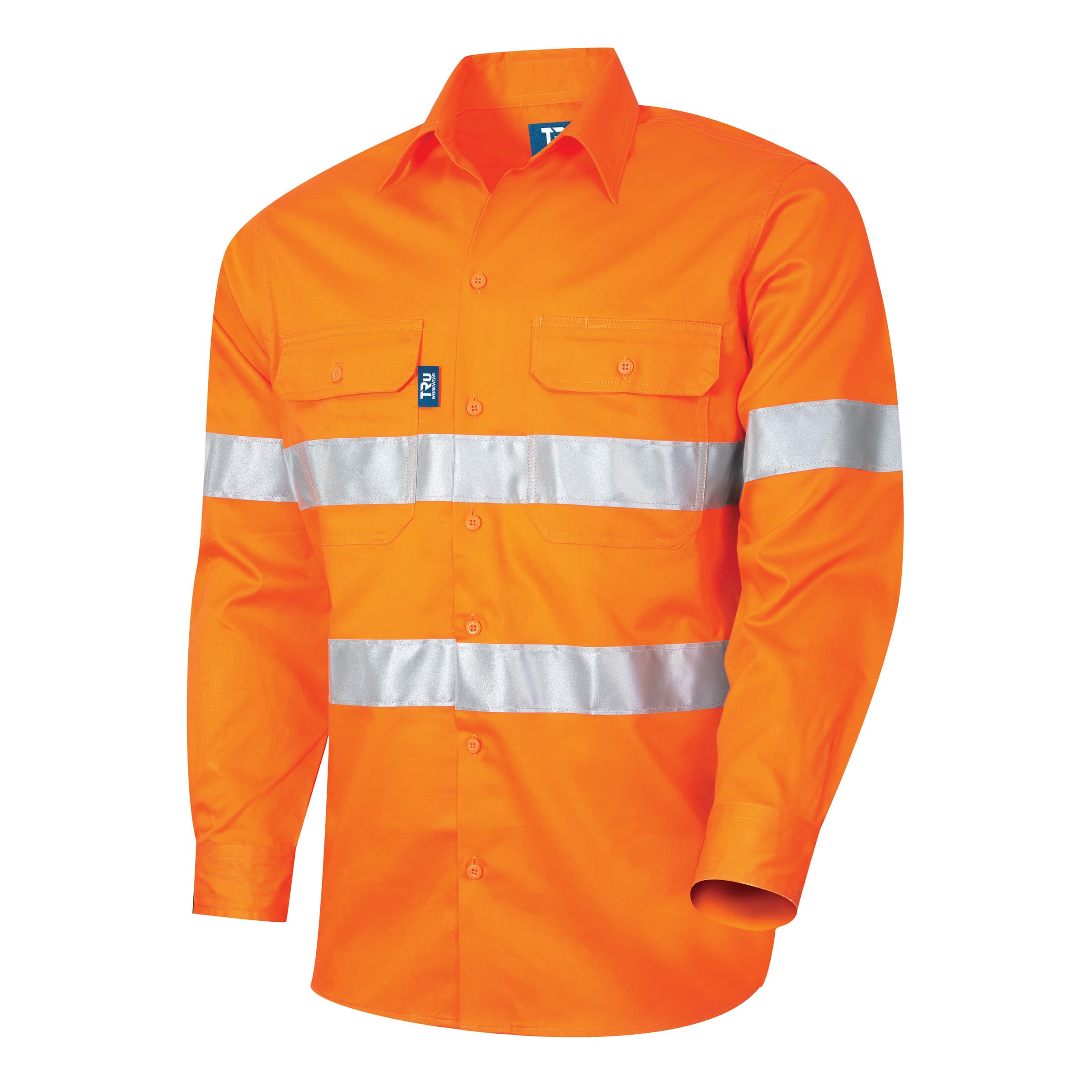 TRu Workwear Shirt 160gsm L/S Cotton Drill With 3M Two Hoop Reflective Tape And Vertical Cooling Vents