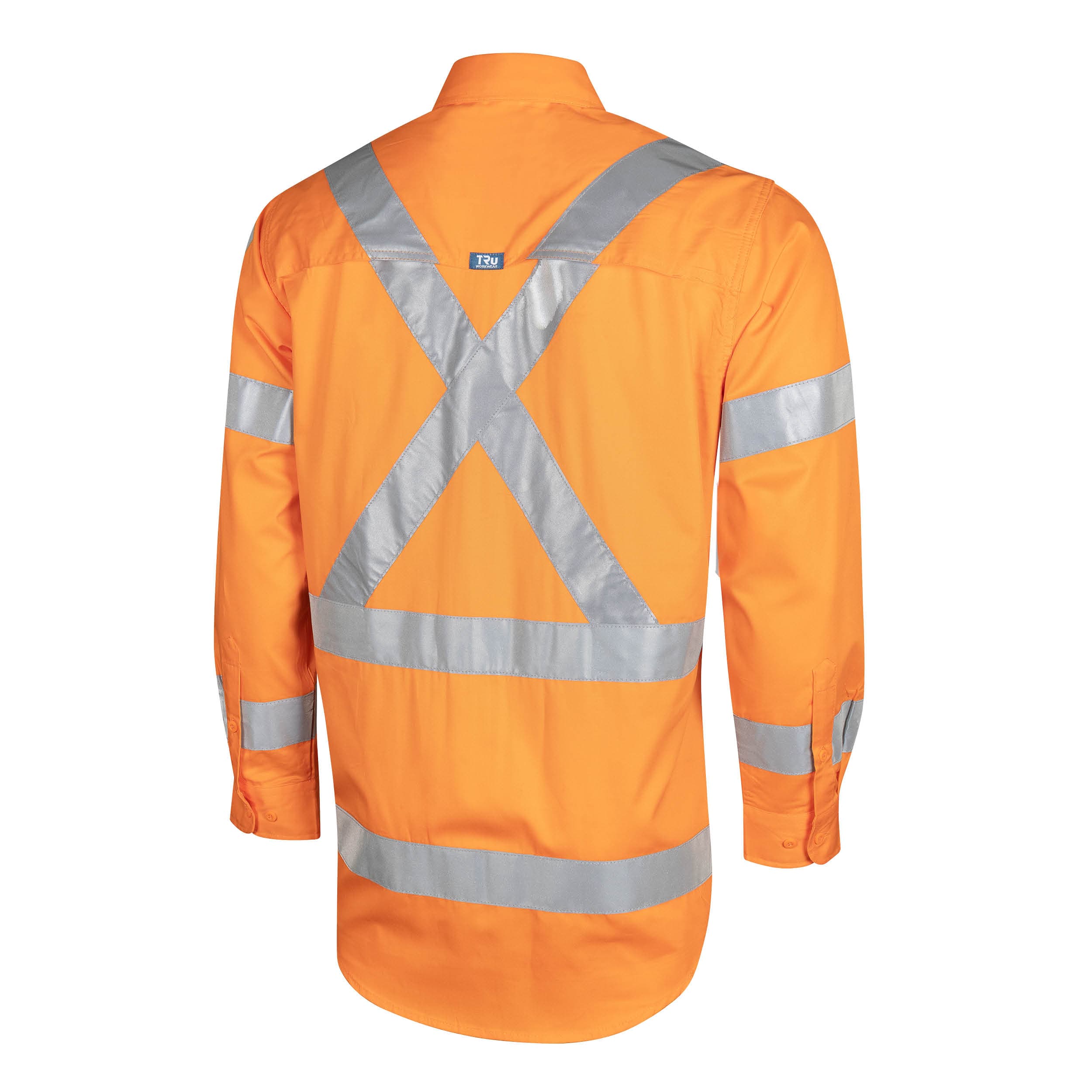 TRu Workwear Core Series Shirt 145gsm L/S all Orange Cotton Drill with Horizontal Cooling Vents and (NSW) CSR Bio- Motion 'H' Front, 'X' Back Reflective Tape Pattern_1