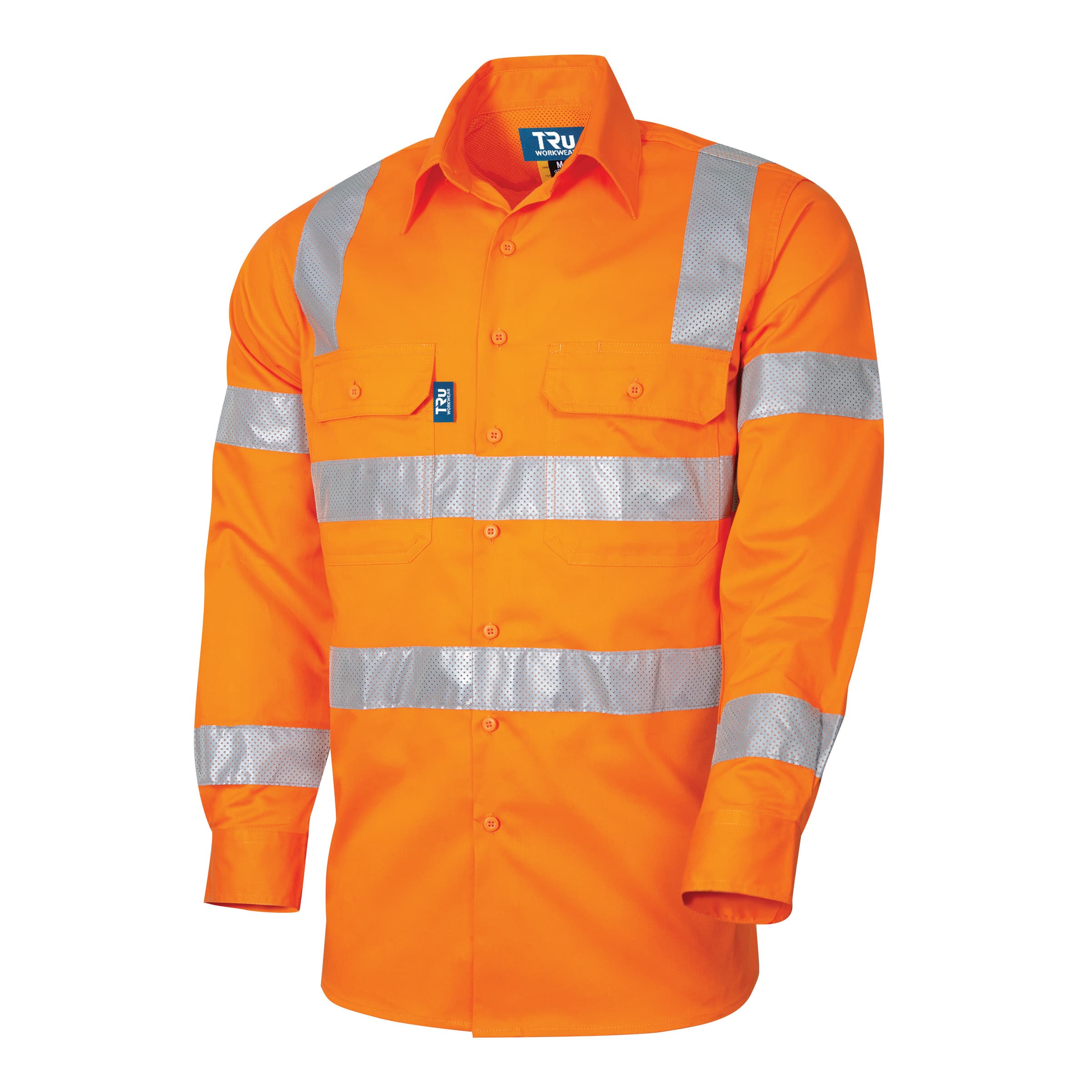 TRu Workwear Shirt 160gsm L/S Cotton Drill With Horizontal Cooling Vents And (VIC) CSR Perforated Reflective Tape 2 Hoop On Body, Arms And Strip Over Shoulders