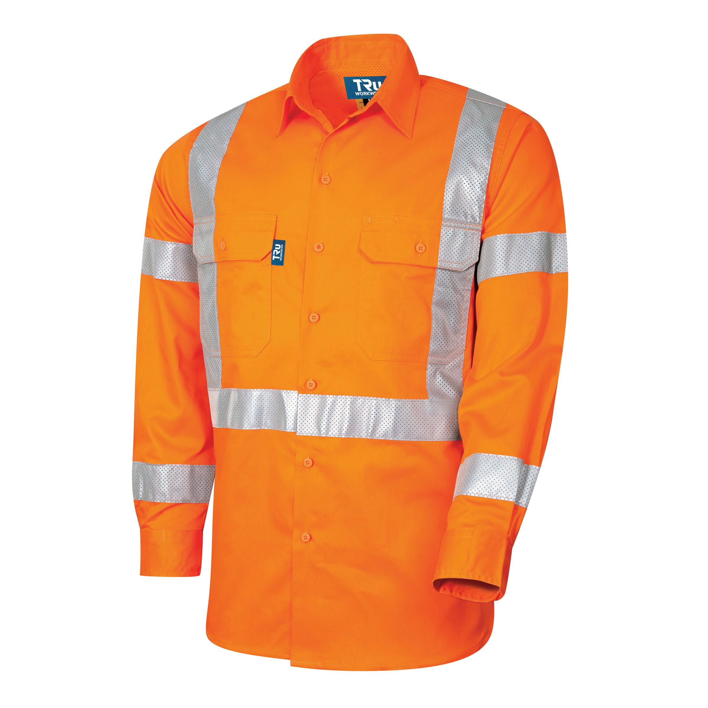 TRu Workwear Shirt 160gsm L/S Cotton Drill With Horizontal Cooling Vents And (NSW) CSR Perforated Bio- Motion 'H' Front, 'X' Back Reflective Tape