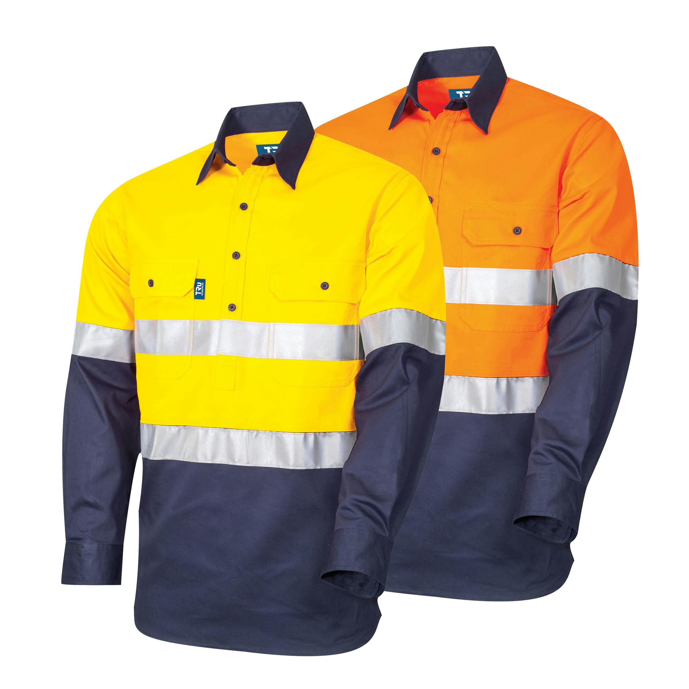 TRu Workwear Shirt 160gsm Closed Front L/S Gusset Cuffs Two Tone Cotton Drill With Horz Vents And 3M Two Hoop Reflective Tape