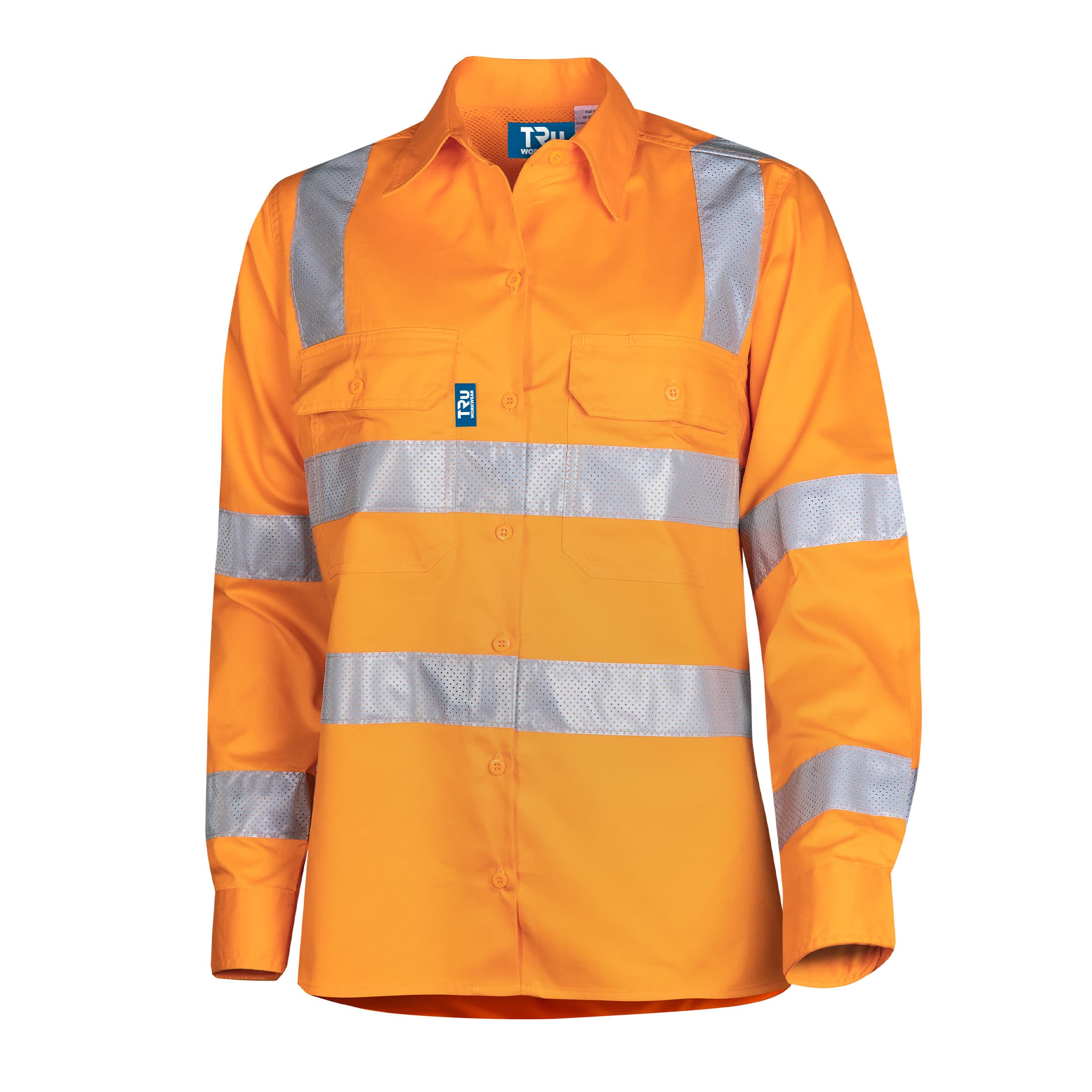 TRu Workwear Shirt Ladies 160gsm L/S Cotton Drill With Horizontal Cooling Vents And (VIC) CSR Perforated Reflective Tape 2 Hoop On Body, Arms And Strip Over Shoulders