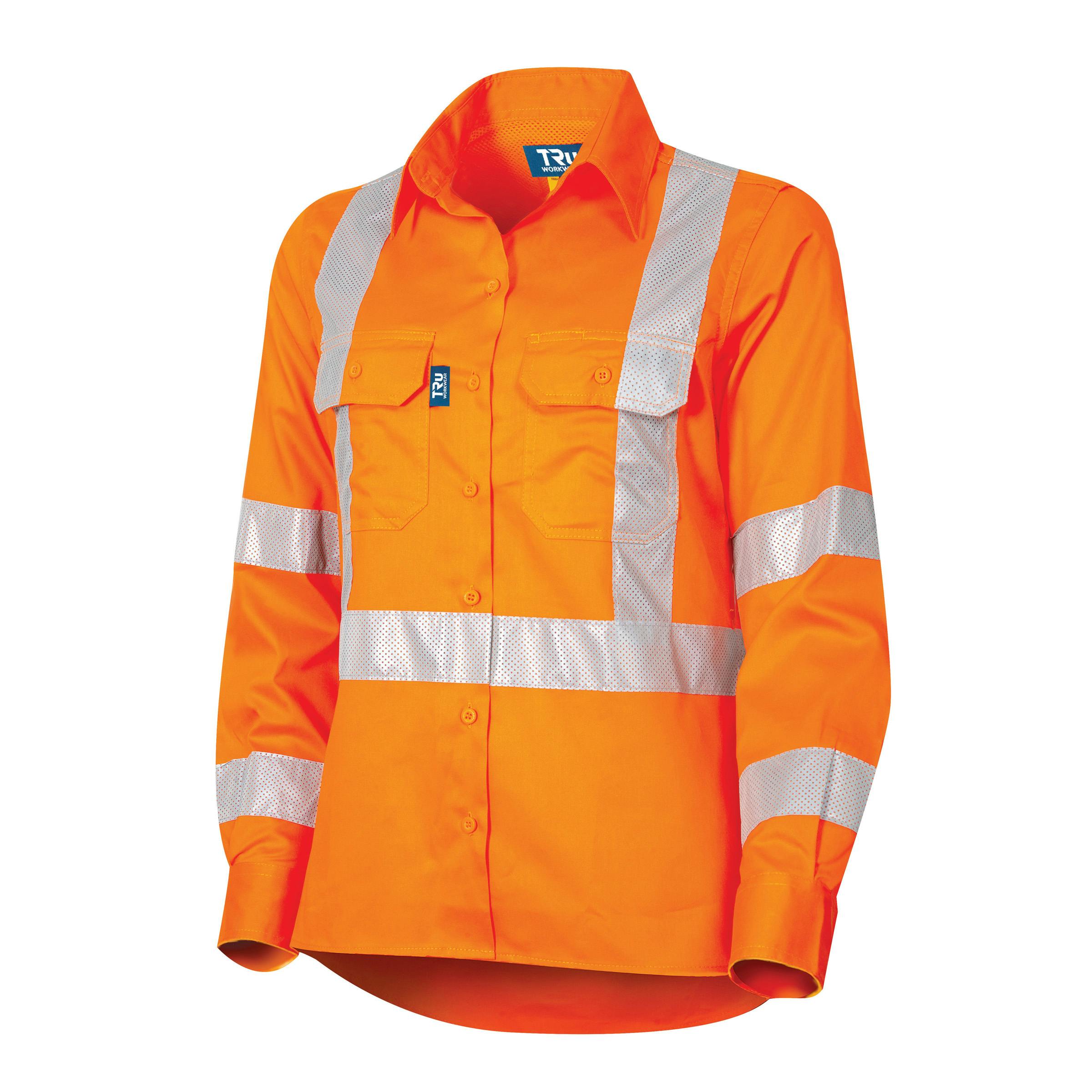 TRu Workwear Shirt Ladies 160gsm L/S Cotton Drill With Horizontal Cooling Vents And CSR Perforated Bio- Motion 'H' Front, 'X' Back Reflective Tape