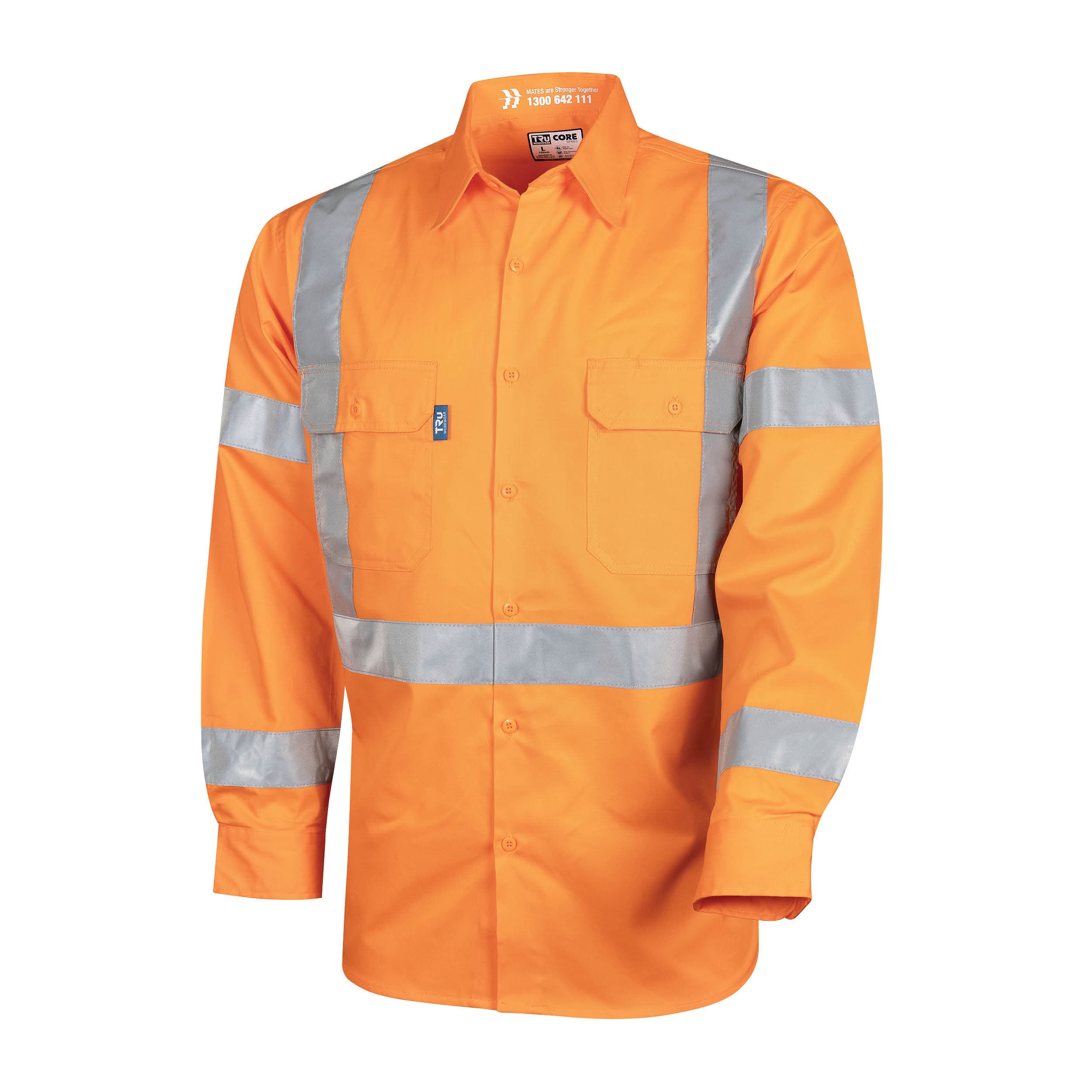 TRu Workwear Core Series Shirt 145gsm L/S all Orange Cotton Drill with Horizontal Cooling Vents and (NSW) CSR Bio- Motion 'H' Front, 'X' Back Reflective Tape Pattern