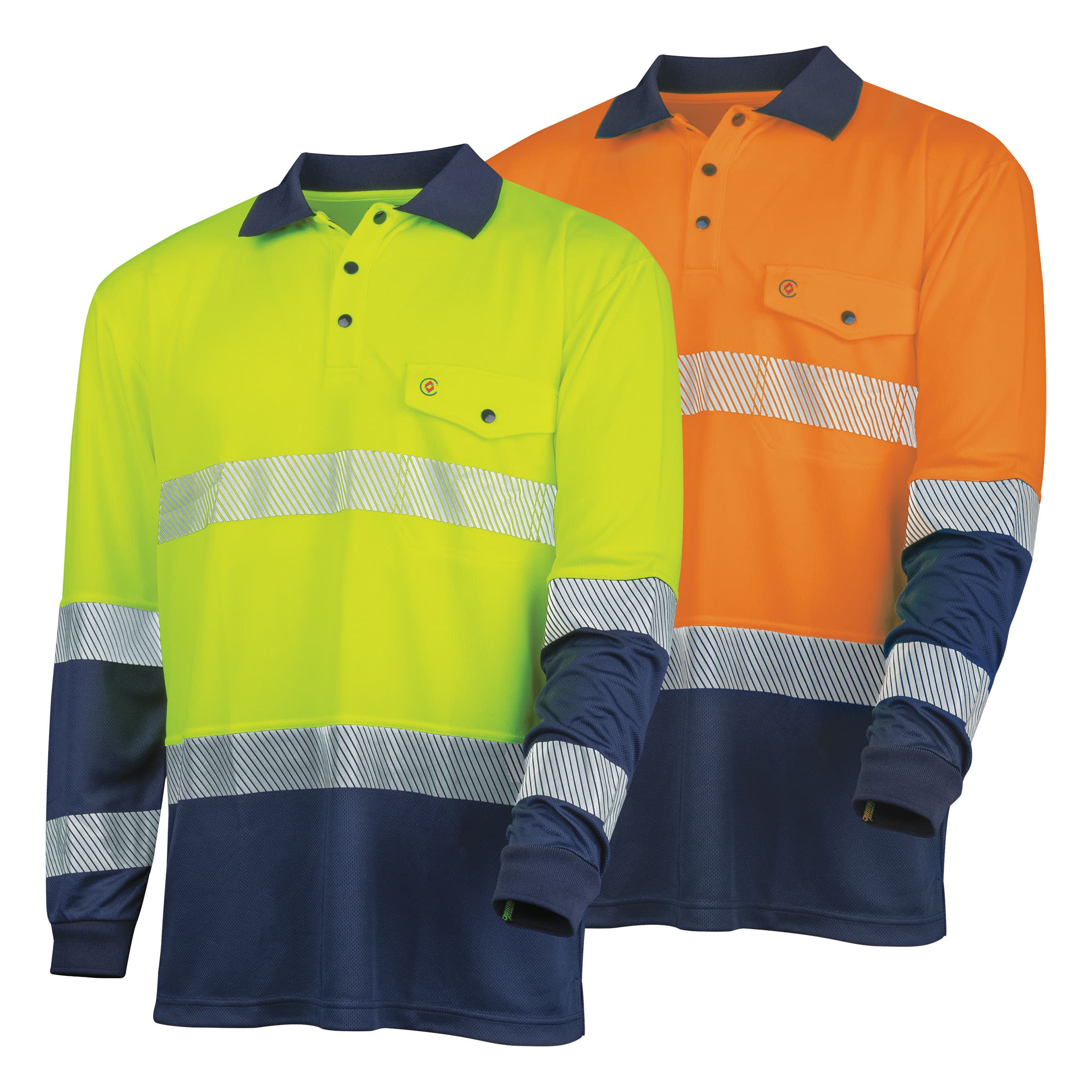 TRu Workwear Polo 175gsm Recycled Polyester Anti-Microbial Micromesh L/S Two Tone With Segmented Reflective Tape (Orange/Navy)