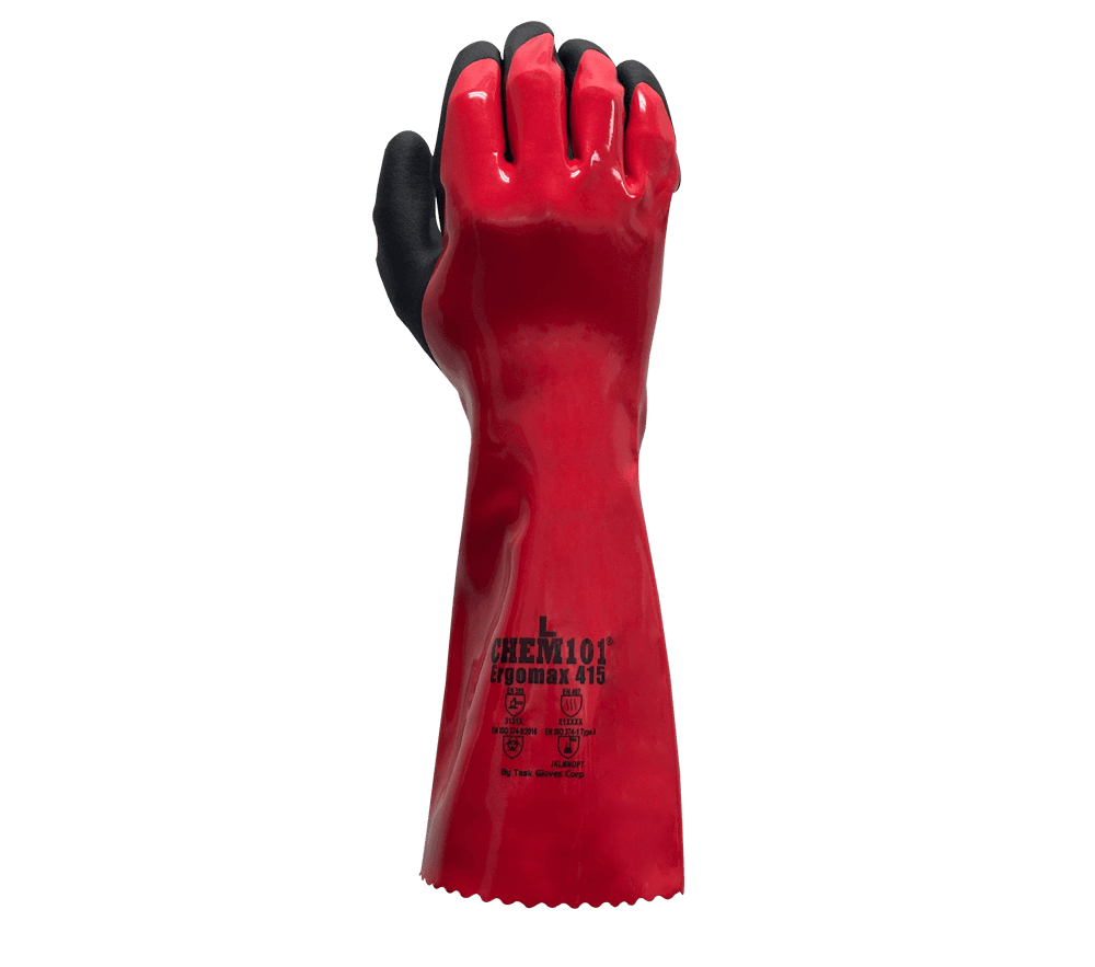 Chem101® Ergomax - Red Smooth Co-Polymer Fully Coated, Black Sandy-Foam Co-Polymer Palm Coated, 18 Gauge Nylon Knit Liner, 15" Length