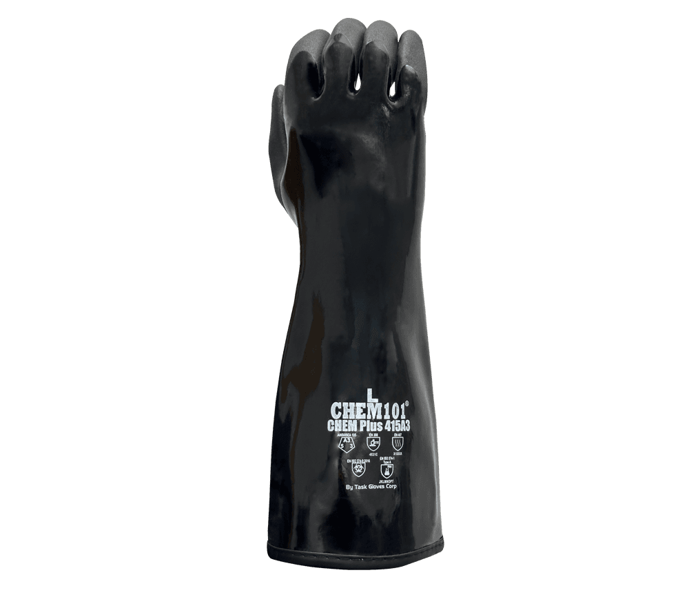 Chem101® Chem Plus - Black Smooth Co-Polymer Fully Coated, Black Sandy-Foam Co-Polymer Palm Coated, 15 Gauge Aramid+Glass Fiber Liner, Ansi Cut A3, 15" Length