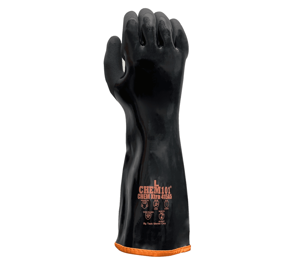 Chem101® Chem Xtra - Black Smooth Co-Polymer Fully Coated, Black Sandy-Foam Co-Polymer Palm Coated, 15 Gauge Aramid+Stainless Steel Liner, Ansi Cut A5, 15" Length