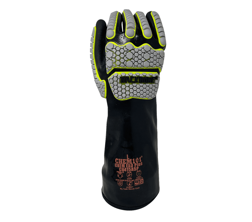 Chem101® Chem Exo Plus - Black Smooth Co-Polymer Fully Coated, Black Sandy-Foam Co-Polymer Palm Coated, 15 Gauge Aramid+Stainless Steel Liner, Ansi Cut A5, 15" Length, Tpr Back