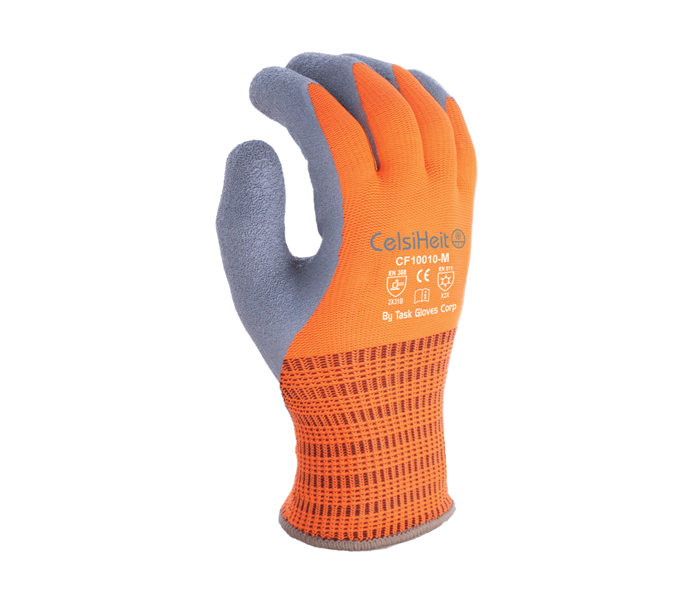 Task Gloves Heavy Thermal coated Hi-Vis Orange, Double layered Acrylic insulation, Gray Latex palm coated, ANSI Cut A2 (Pack of 12)