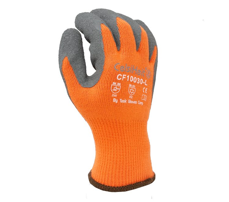 Task Gloves (CT2001) Thermal coated Hi-Vis Orange, Acrylic insulation, Gray Latex coating palm and fingers (Pack of 12)