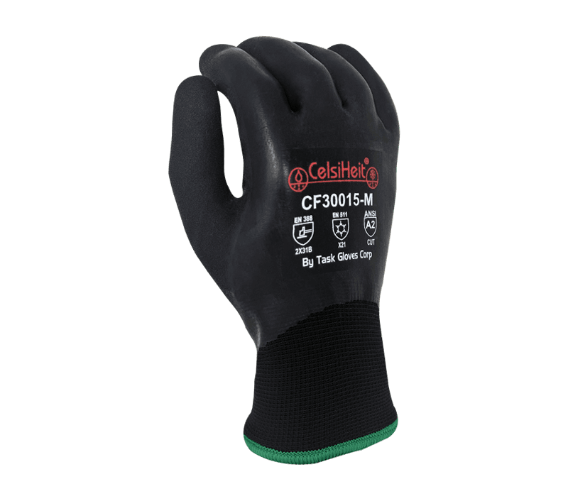 Task Gloves Black Heavy Thermal, Double layered Acrylic insulation, Black Sandy Foam Latex Fully coated, ANSI Cut A2 (Pack of 12)