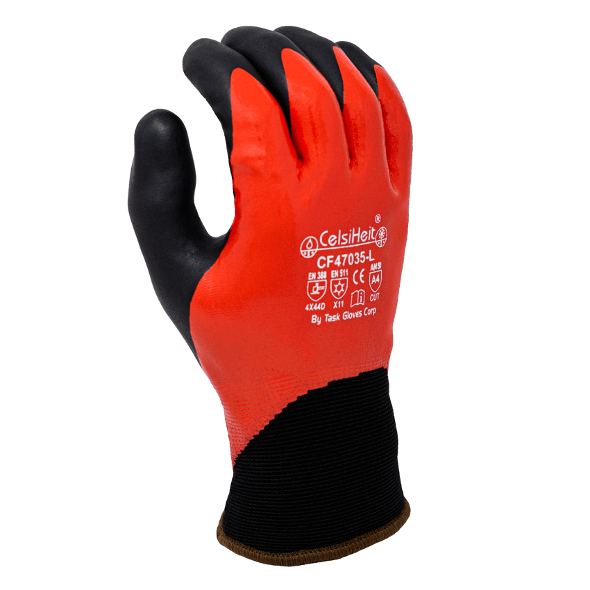 Task Gloves Double Dipped, Red Smooth Nitrile Fully coated, Black Foam Nitrile palm coated, 13 Gauge HDPE shell, 7 Gauge Acrylic Terry Lined, ANSI Cut A4 (Pack of 12)