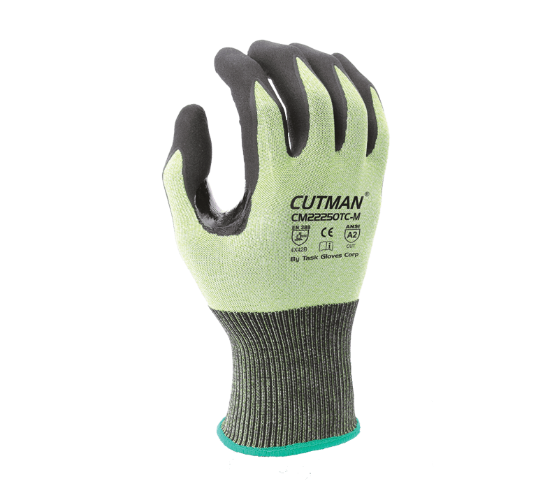 Task Gloves CUTMAN 18 Gauge Hi-Vis HDPE shell, Black Micro-Foam Nitrile palm coated, Reinforced Thumb Saddle, ANSI Cut A2, Touchscreen compatible (Pack of 12)