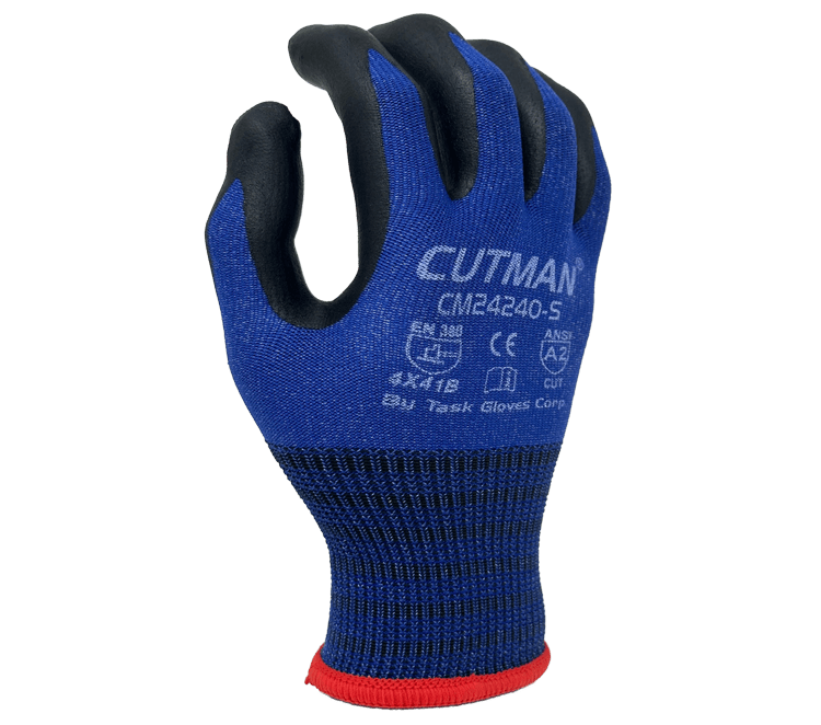 Task Gloves CUTMAN 15 Gauge Blue Nylon w/ Glass fiber shell, Black Foam Nitrile palm coated, Touchscreen compatible, ANSI Cut A2 (Pack of 12)