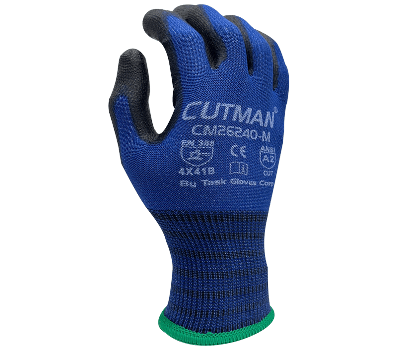 Task Gloves CUTMAN 15 Gauge Blue Nylon w/ Glass fiber shell, Black Polyurethane palm coated, Touchscreen compatible, ANSI Cut A2 (Pack of 12)