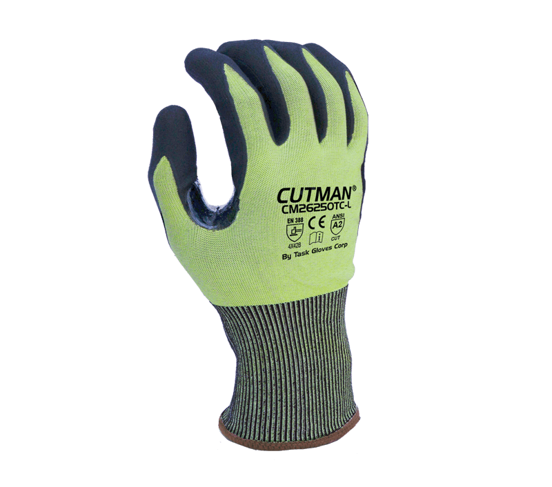 Task Gloves CUTMAN 18 Gauge Hi-Vis HDPE shell, Black Polyurethane palm coated, Reinforced Thumb Saddle, ANSI Cut A2, Touchscreen compatible (Pack of 12)