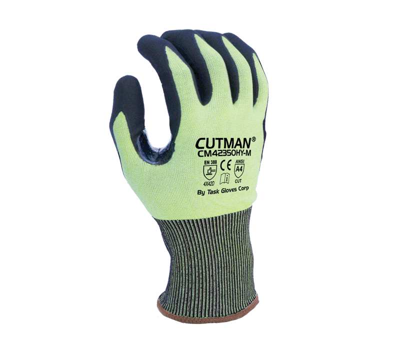 Task Gloves CUTMAN 18 Gauge Hi-Vis Yellow HDPE shell, Black Micro-Foam Nitrile Palm coated, Reinforced Thumb Saddle, ANSI Cut A4, Touchscreen compatible (Pack of 12)