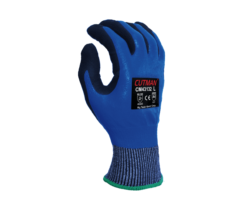 Task Gloves (BT2013NF) AquaSlash 13 Gauge Blue HDPE shell, Fully coated Blue Nitrile with Black Sandy Nitrile palm, ANSI Cut A4 (Pack of 12)