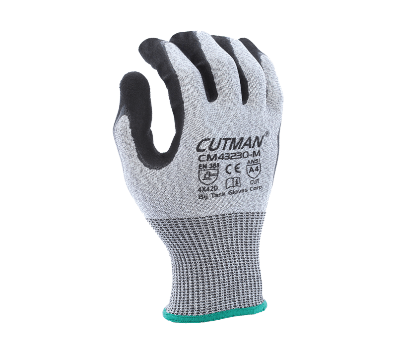 Task Gloves CUTMAN 13 Gauge Gray HDPE shell, Double dipped Nitrile palm coated with Black Sandy-Foam Nitrile finish, ANSI Cut A4 (Pack of 12)