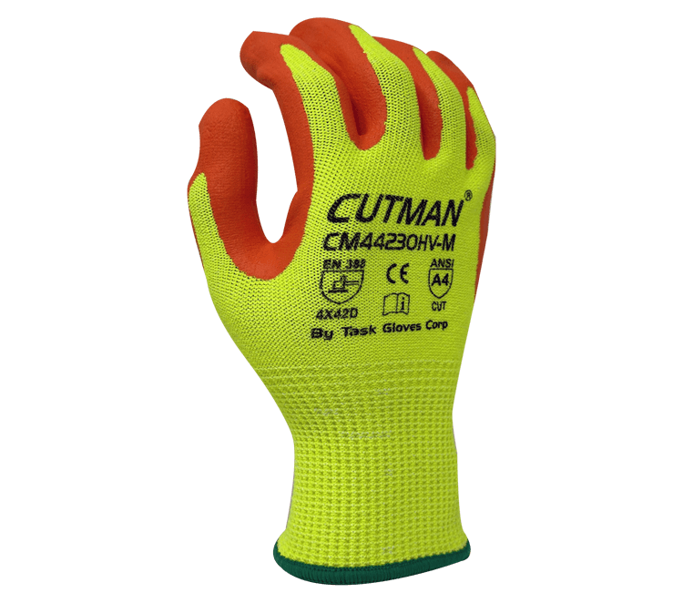 Task Gloves CUTMAN 13 Gauge Hi-Vis Yellow HDPE shell, Hi-Vis Orange Foam Nitrile Palm coated, ANSI Cut A4 (Pack of 12)