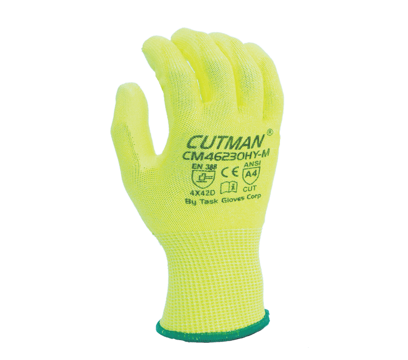 Task Gloves CUTMAN 13 Gauge Hi-Vis Yellow HDPE shell, Hi-Vis Polyurethane palm coated, ANSI Cut A4 (Pack of 12)