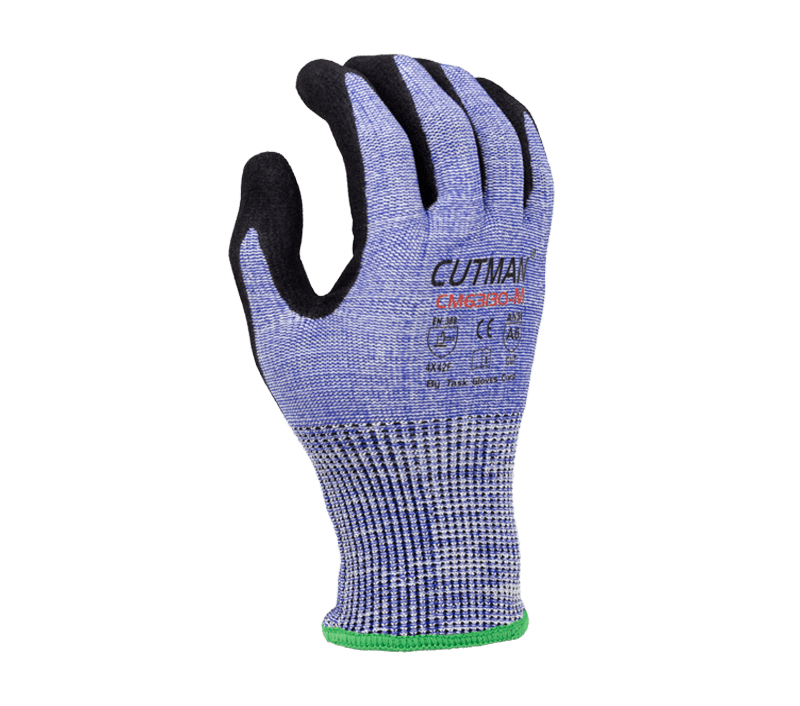 Task Gloves 13 Gauge HDPE shell, Double dipped Nitrile with Black Sandy Nitrile Palm coated, ANSI Cut A6 (Pack of 12)