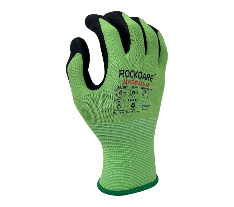 Task Gloves 15 Gauge Green R-PET/Spandex shell, Black Molecule-Foam Nitrile palm coated, Touchscreen compatible (Pack of 12)