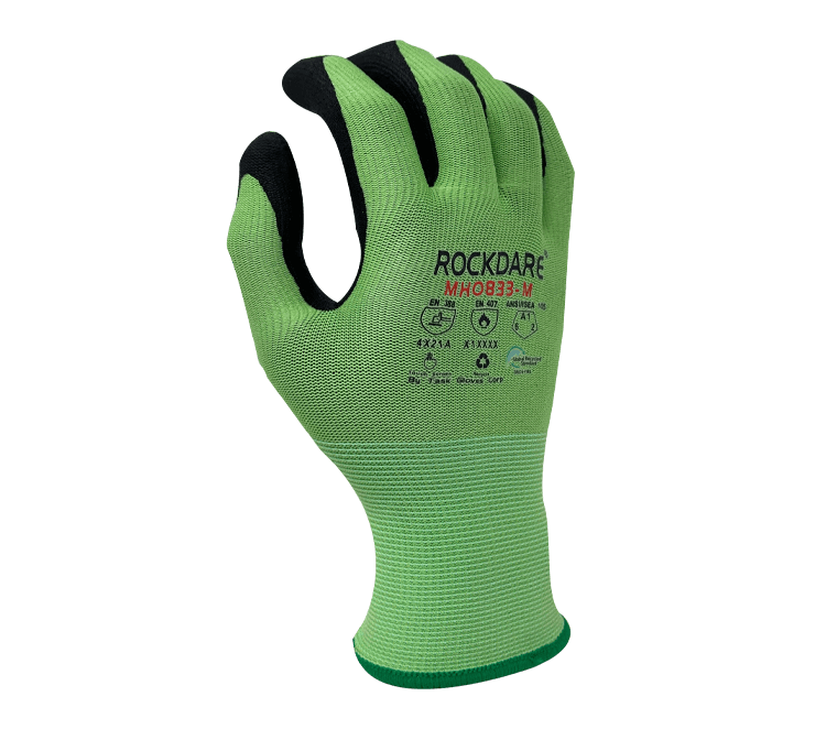 Task Gloves 15 Gauge Green R-PET/Spandex shell, Black Molecule-Foam Nitrile palm coated with Nitrile dots, Touchscreen compatible (Pack of 12)