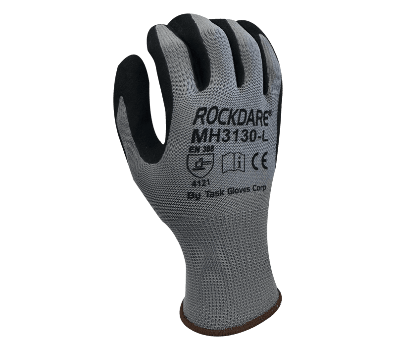 Task Gloves 13 Gauge Gray Polyester shell, Black Sandy Foam Nitrile Palm coated (Pack of 12)