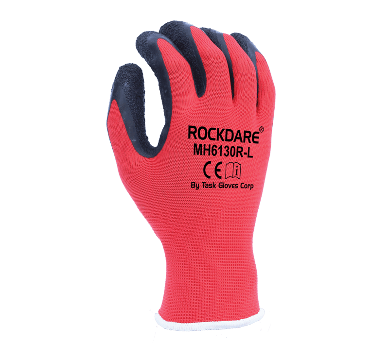 Task Gloves 13 Gauge Red Polyester shell, Black Crinkle Latex palm coated (Pack of 12)