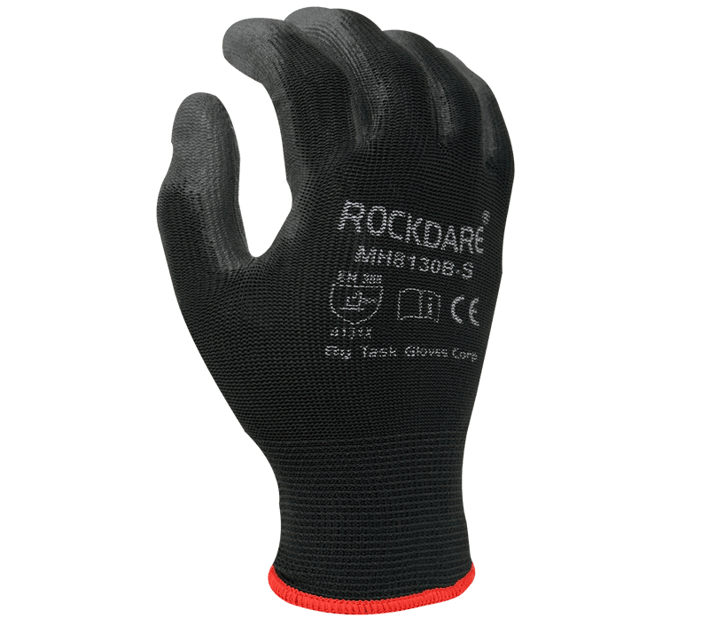 Task Gloves 13 Gauge Black Polyester shell, Black Polyurethane palm coated (Pack of 12)