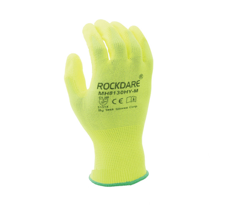 Task Gloves 13 Gauge Hi-Vis Yellow Polyester shell, Yellow Polyurethane palm coated (Pack of 12)