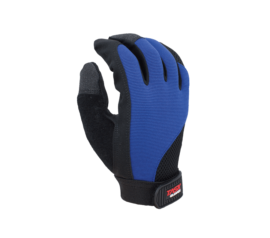 Task Gloves Ergonomical Mechanic Synthetic Leather, Black palm/Blue back (Pack of 12)