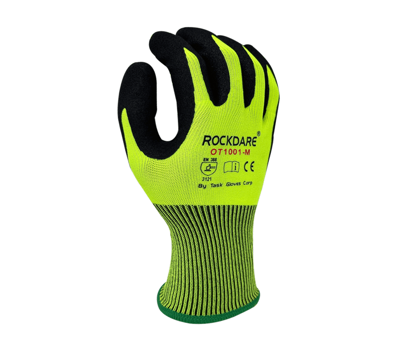 Task Gloves 13 Gauge Hi-Vis Yellow Polyester shell, Black Sandy Foam Nitrile Palm coated (Pack of 12)