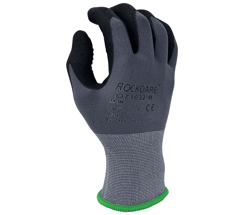 Task Gloves 15 Gauge Gray Nylon shell, Black Micro-Foam Nitrile Palm coated with Nitrile dots (Pack of 12)