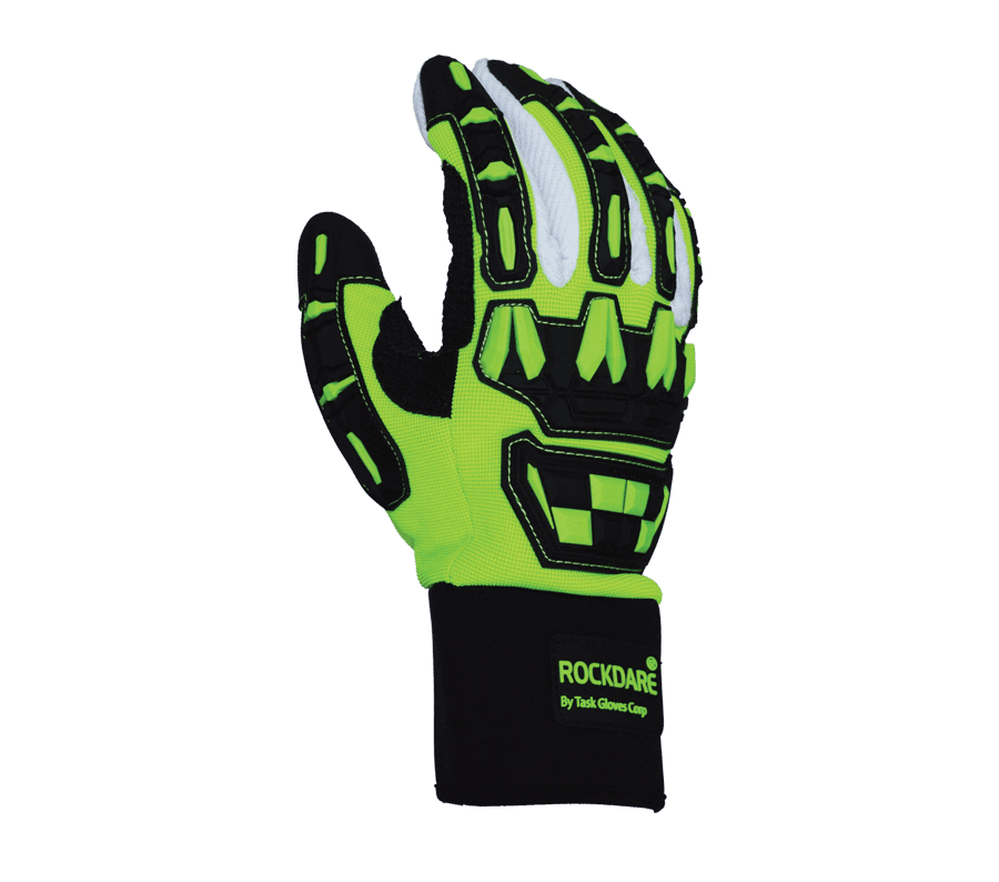 Task Gloves Hi-Vis Green Spandex back, Cotton Corded Palm, Reinforced Thumb Saddle, Neoprene cuff, TPR back (Pack of 12)