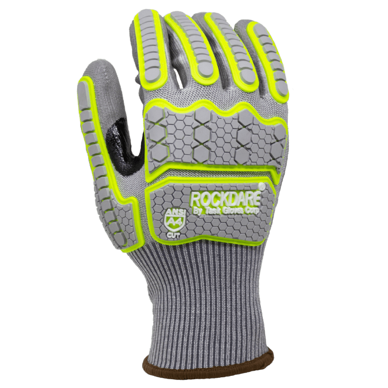 Task Gloves RockDare Gray Polyurethane palm coated, Reinforced Thumb Saddle, Gray/Green TPR back, 15 Gauge Gray HDPE+Glass Fiber+Stainless Steel shell, ANSI Cut A4 (Pack of 12)