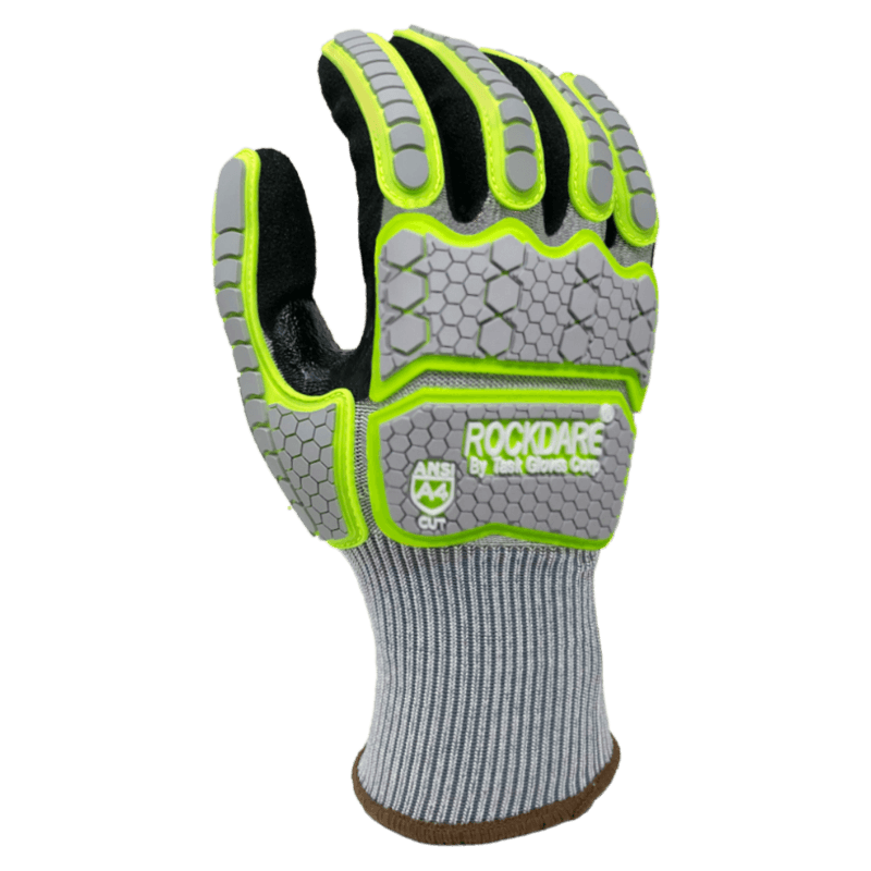 Task Gloves RockDare Black RevoTek palm coated, Reinforced Thumb Saddle, Gray/Green TPR back, 15 Gauge Gray HDPE+Glass Fiber+Stainless Steel shell, ANSI Cut A4 (Pack of 12)