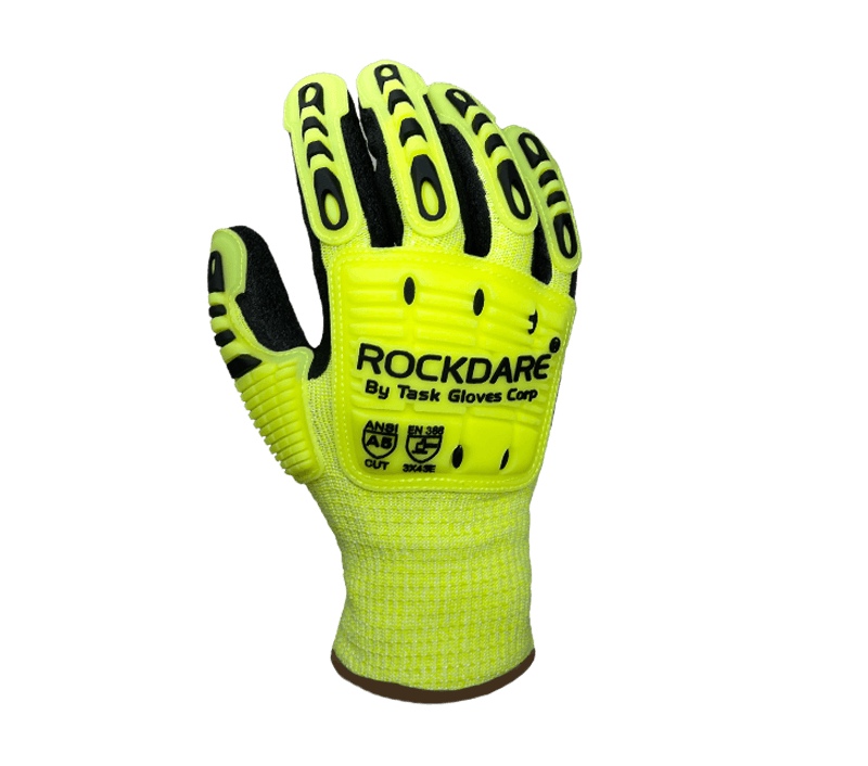 Task Gloves Black Crinkle Latex palm coated, 13 Gauge Hi-Vis Yellow HDPE shell, Acrylic Lined, Hi-Vis Yellow TPR back, PVC Waterproof barrier, ANSI Cut A5 (Pack of 12)