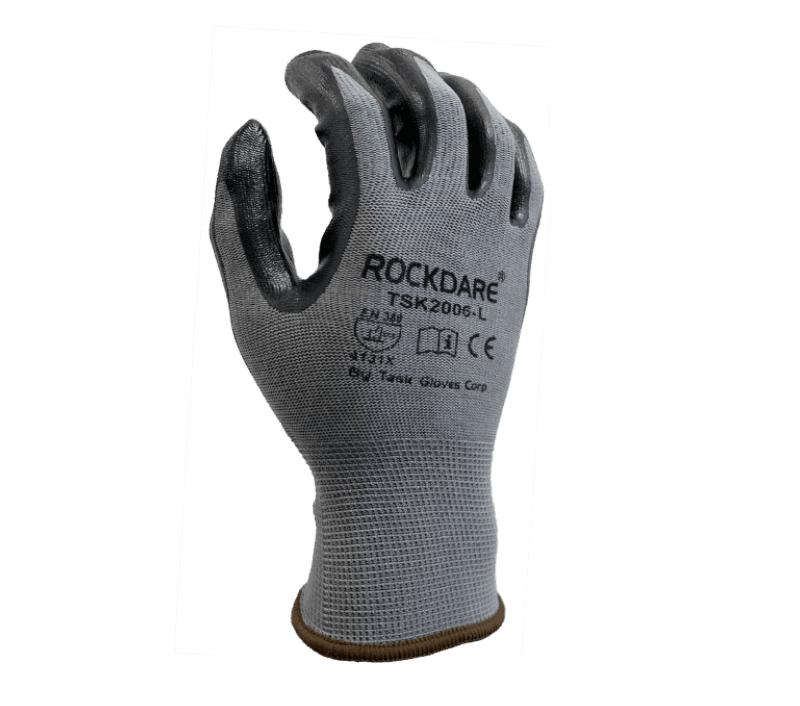 Task Gloves 13 Gauge Gray Polyester shell, Black Nitrile palm coated (Pack of 12)