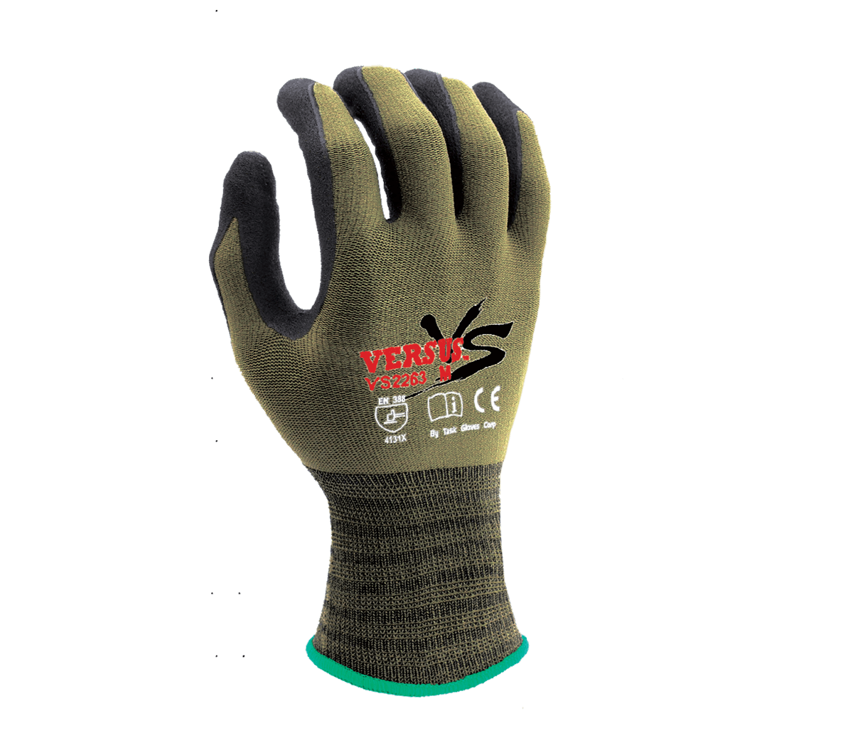 Task Gloves VERSUS 15 Gauge Camo Green Hi-Elasticity Nylon shell, Black Micro-Foam Nitrile Palm coated with Nitrile dots (Pack of 12)