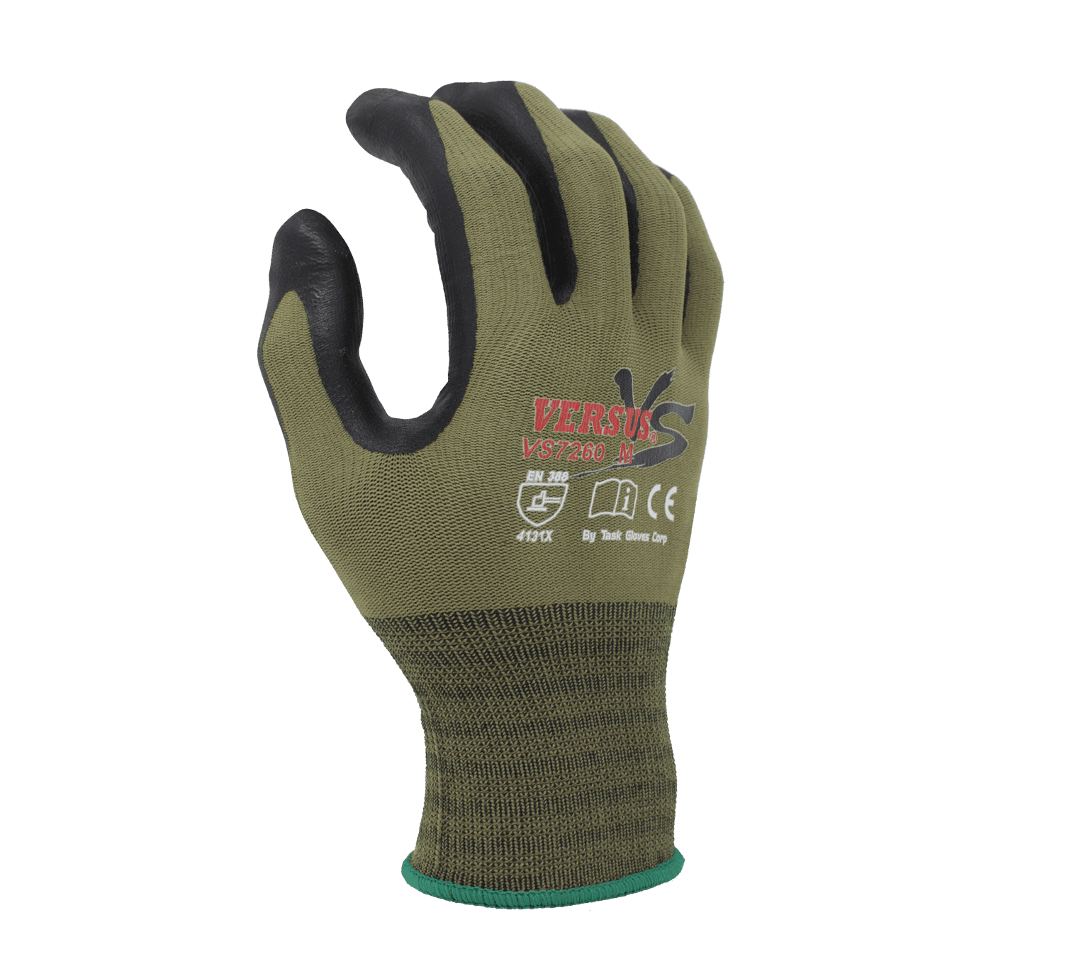 Task Gloves VERSUS 15 Gauge Camo Green Hi-Elasticity Nylon shell, Black Soft-Foam Nitrile Palm coated, Three Finger Touchscreen compatible (Pack of 12)